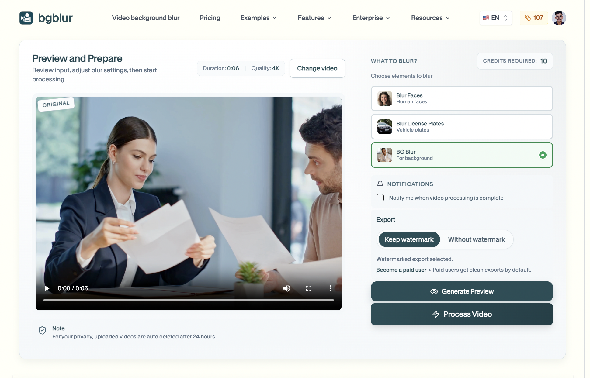 BgBlur.com AI video background blur tool interface