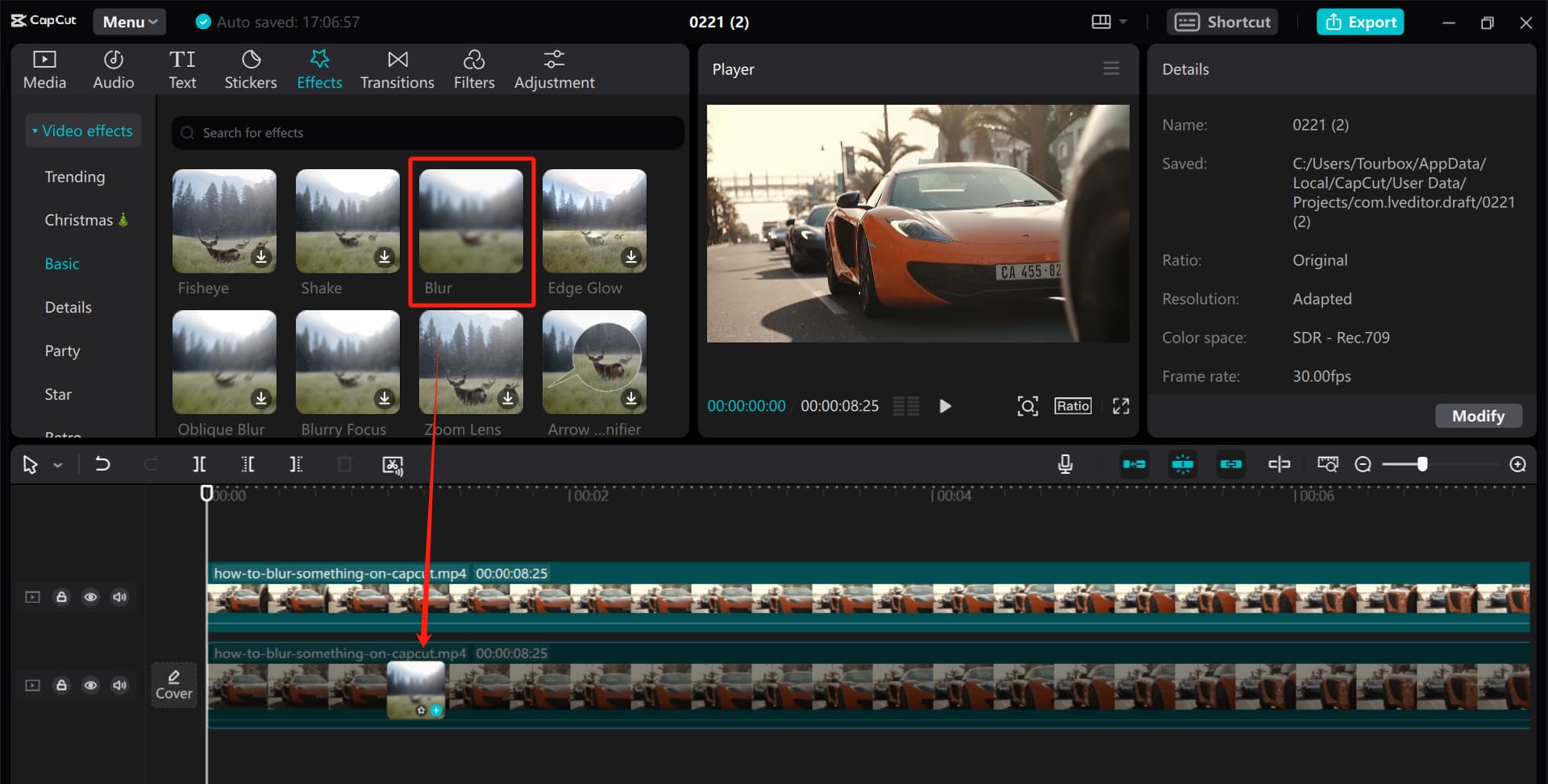 CapCut video editor background blur feature interface