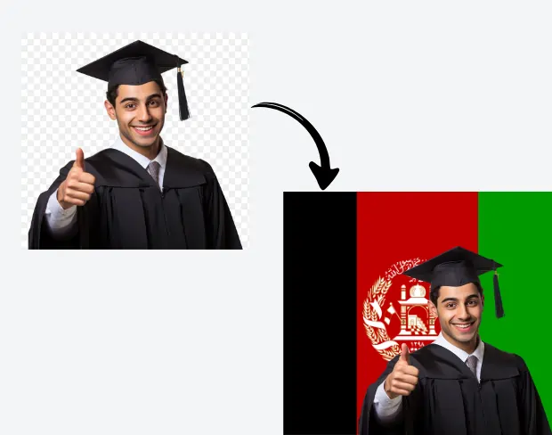 AI video editor showing woman with ready-to-use afghanistan flag background adding templates for office, classroom, and home—no green screen needed.
