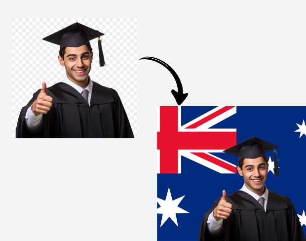 AI video editor showing woman with ready-to-use australia flag background adding templates for office, classroom, and home—no green screen needed.