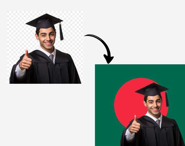 AI video editor showing woman with ready-to-use bangladesh flag background adding templates for office, classroom, and home—no green screen needed.