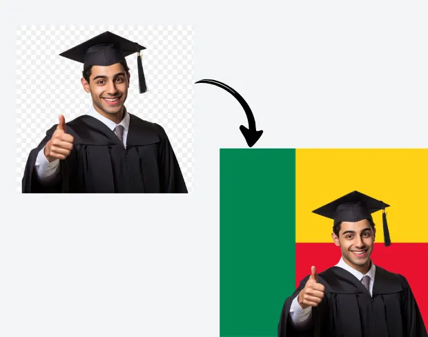 AI video editor showing woman with ready-to-use benin flag background adding templates for office, classroom, and home—no green screen needed.
