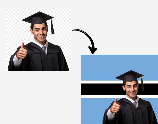 AI video editor showing woman with ready-to-use botswana flag background adding templates for office, classroom, and home—no green screen needed.