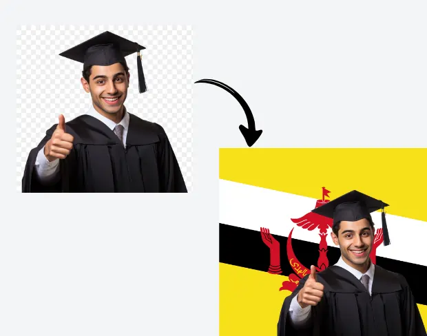AI video editor showing woman with ready-to-use brunei flag background adding templates for office, classroom, and home—no green screen needed.