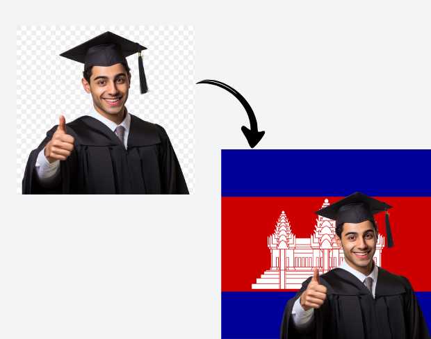 AI video editor showing woman with ready-to-use cambodia flag background adding templates for office, classroom, and home—no green screen needed.