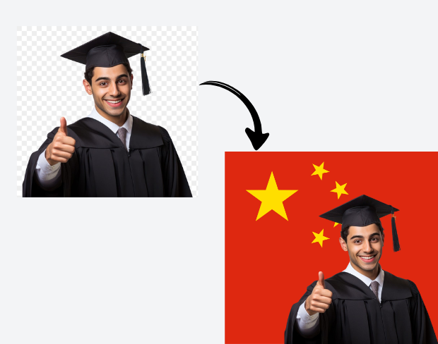 AI video editor showing woman with ready-to-use china flag background adding templates for office, classroom, and home—no green screen needed.
