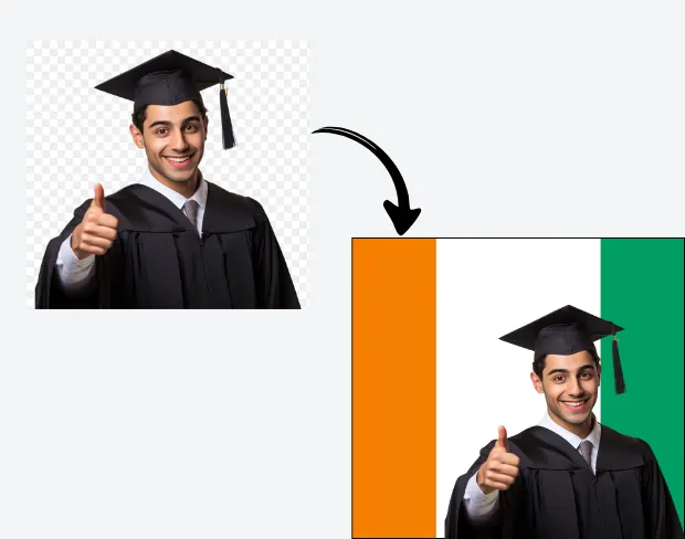 AI video editor showing woman with ready-to-use cotedivoire flag background adding templates for office, classroom, and home—no green screen needed.