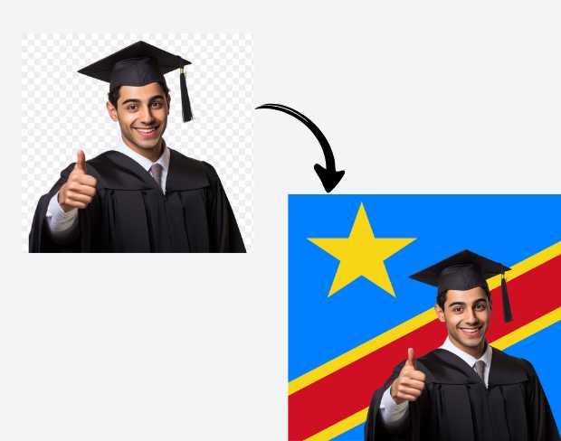 AI video editor showing woman with ready-to-use congo flag background adding templates for office, classroom, and home—no green screen needed.