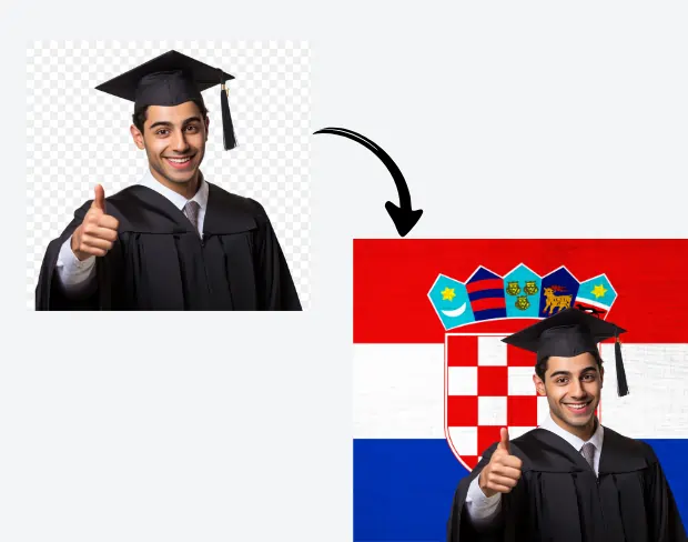 AI video editor showing woman with ready-to-use croatia flag background adding templates for office, classroom, and home—no green screen needed.