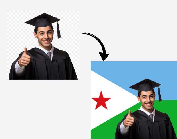 AI video editor showing woman with ready-to-use djibouti flag background adding templates for office, classroom, and home—no green screen needed.