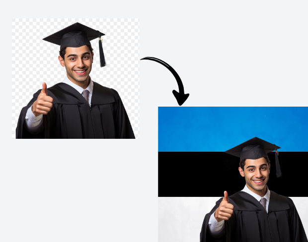 AI video editor showing woman with ready-to-use estonia flag background adding templates for office, classroom, and home—no green screen needed.