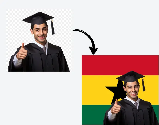 AI video editor showing woman with ready-to-use ghana flag background adding templates for office, classroom, and home—no green screen needed.