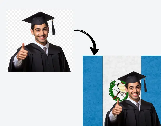 AI video editor showing woman with ready-to-use guatemala flag background adding templates for office, classroom, and home—no green screen needed.