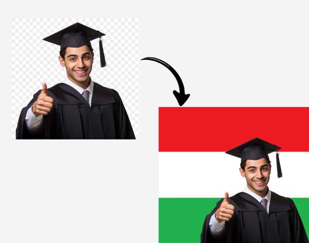 AI video editor showing woman with ready-to-use hungary flag background adding templates for office, classroom, and home—no green screen needed.