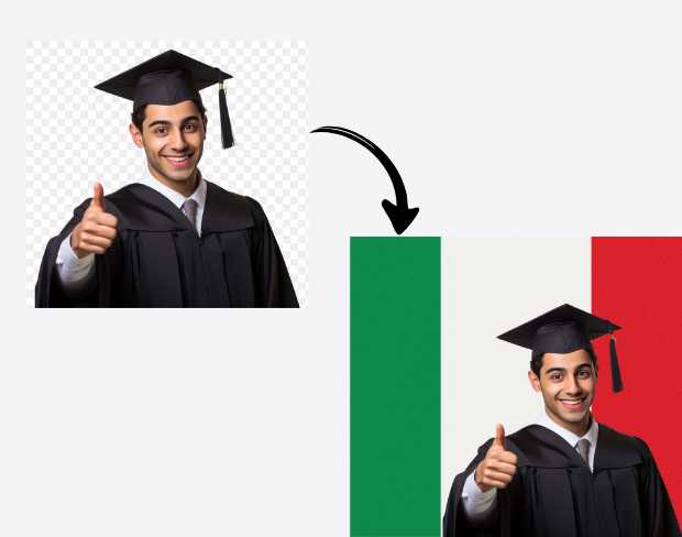 AI video editor showing woman with ready-to-use italy flag background adding templates for office, classroom, and home—no green screen needed.