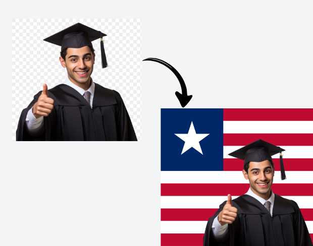 AI video editor showing woman with ready-to-use liberia flag background adding templates for office, classroom, and home—no green screen needed.