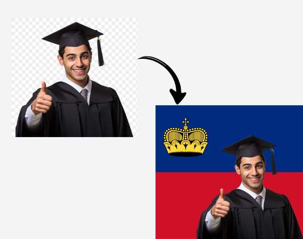 AI video editor showing woman with ready-to-use liechtenstein flag background adding templates for office, classroom, and home—no green screen needed.