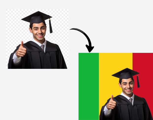 AI video editor showing woman with ready-to-use mali flag background adding templates for office, classroom, and home—no green screen needed.