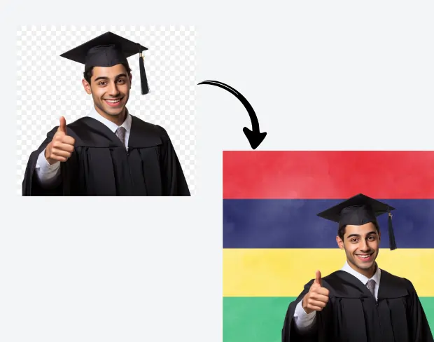 AI video editor showing woman with ready-to-use mauritius flag background adding templates for office, classroom, and home—no green screen needed.