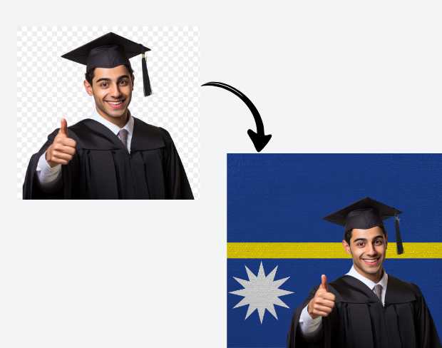 AI video editor showing woman with ready-to-use nauru flag background adding templates for office, classroom, and home—no green screen needed.