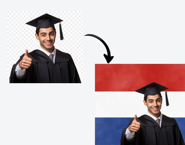 AI video editor showing woman with ready-to-use netherlands flag background adding templates for office, classroom, and home—no green screen needed.