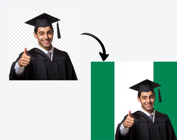 AI video editor showing woman with ready-to-use nigeria flag background adding templates for office, classroom, and home—no green screen needed.