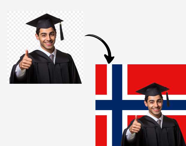 AI video editor showing woman with ready-to-use norway flag background adding templates for office, classroom, and home—no green screen needed.