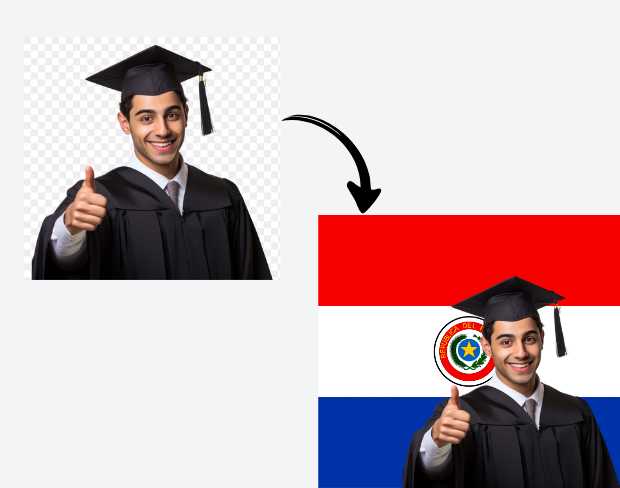 AI video editor showing woman with ready-to-use paraguay flag background adding templates for office, classroom, and home—no green screen needed.