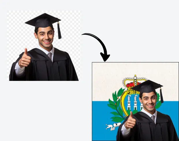 AI video editor showing woman with ready-to-use sanmarino flag background adding templates for office, classroom, and home—no green screen needed.
