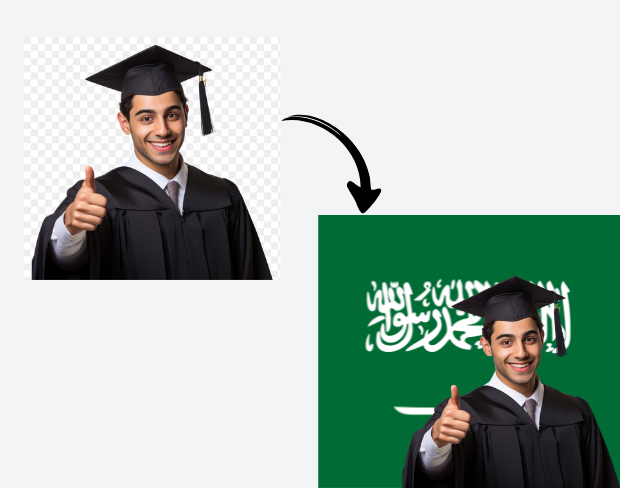 AI video editor showing woman with ready-to-use saudiarabia flag background adding templates for office, classroom, and home—no green screen needed.