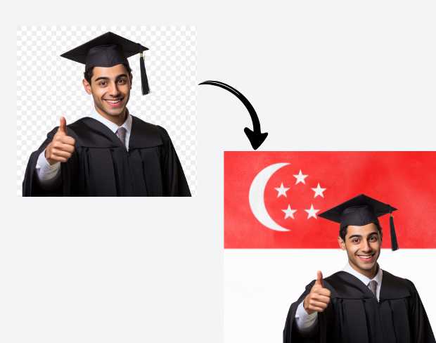 AI video editor showing woman with ready-to-use singapore flag background adding templates for office, classroom, and home—no green screen needed.