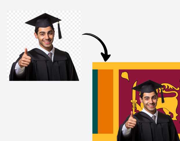AI video editor showing woman with ready-to-use srilanka flag background adding templates for office, classroom, and home—no green screen needed.
