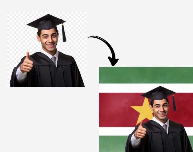 AI video editor showing woman with ready-to-use suriname flag background adding templates for office, classroom, and home—no green screen needed.