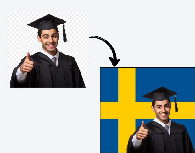 AI video editor showing woman with ready-to-use sweden flag background adding templates for office, classroom, and home—no green screen needed.