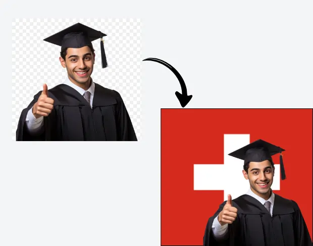 AI video editor showing woman with ready-to-use switzerland flag background adding templates for office, classroom, and home—no green screen needed.