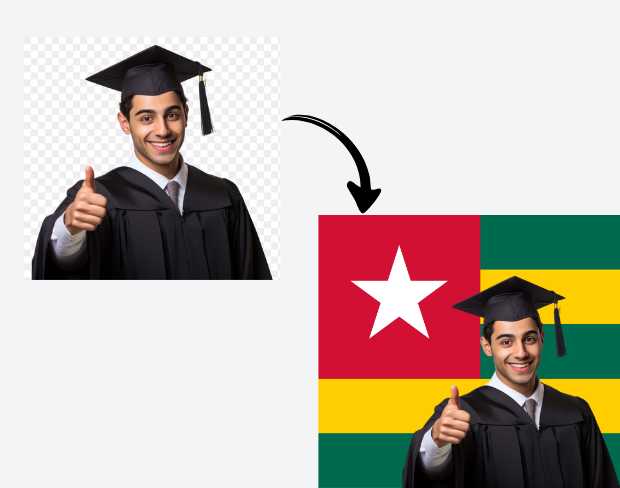 AI video editor showing woman with ready-to-use togo flag background adding templates for office, classroom, and home—no green screen needed.