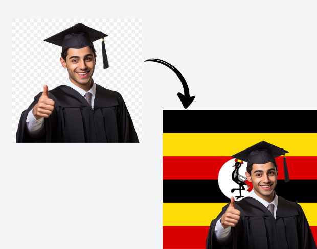 AI video editor showing woman with ready-to-use uganda flag background adding templates for office, classroom, and home—no green screen needed.