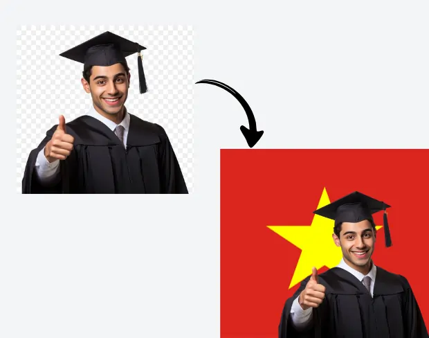 AI video editor showing woman with ready-to-use vietnam flag background adding templates for office, classroom, and home—no green screen needed.