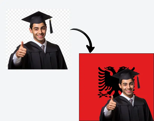 AI video editor showing woman with ready-to-use albania flag background adding templates for office, classroom, and home—no green screen needed.