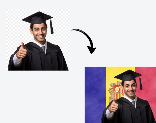 AI video editor showing woman with ready-to-use andorra flag background adding templates for office, classroom, and home—no green screen needed.