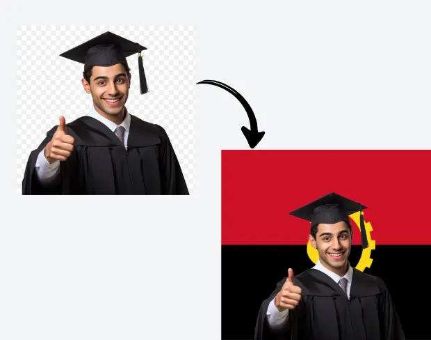 AI video editor showing woman with ready-to-use angola flag background adding templates for office, classroom, and home—no green screen needed.