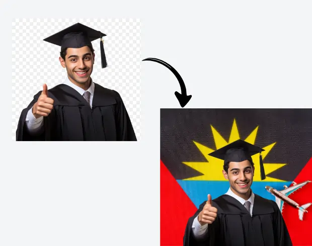 AI video editor showing woman with ready-to-use antiguaandbarbuda flag background adding templates for office, classroom, and home—no green screen needed.