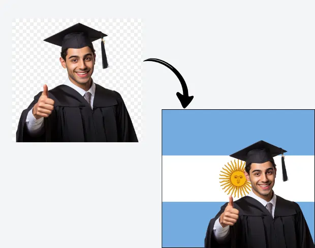 AI video editor showing woman with ready-to-use argentina flag background adding templates for office, classroom, and home—no green screen needed.
