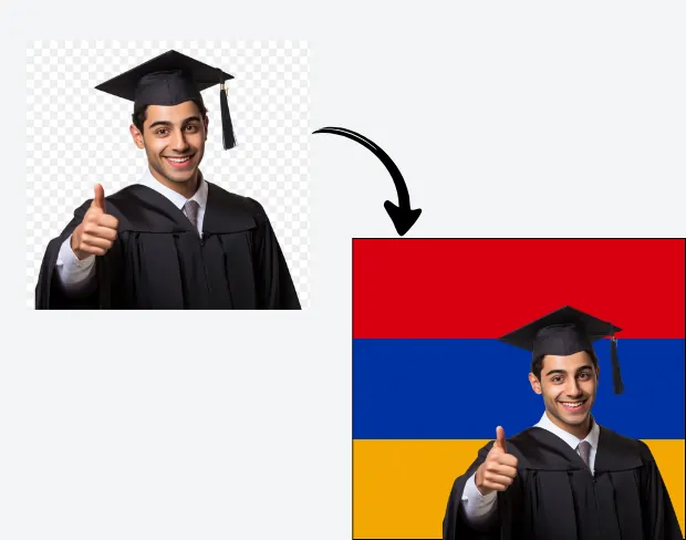 AI video editor showing woman with ready-to-use armenia flag background adding templates for office, classroom, and home—no green screen needed.