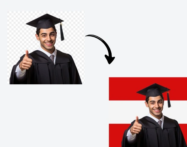 AI video editor showing woman with ready-to-use austria flag background adding templates for office, classroom, and home—no green screen needed.