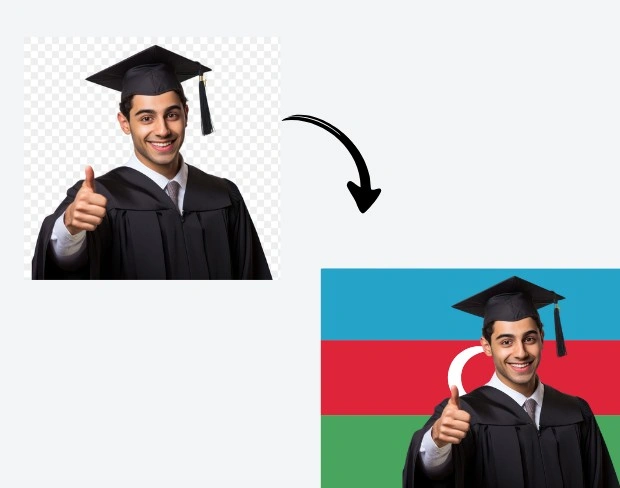 AI video editor showing woman with ready-to-use azerbaijan flag background adding templates for office, classroom, and home—no green screen needed.