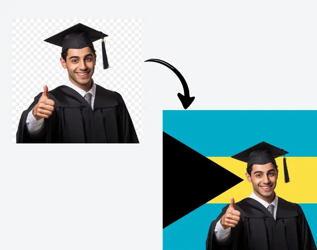 AI video editor showing woman with ready-to-use bahamas flag background adding templates for office, classroom, and home—no green screen needed.