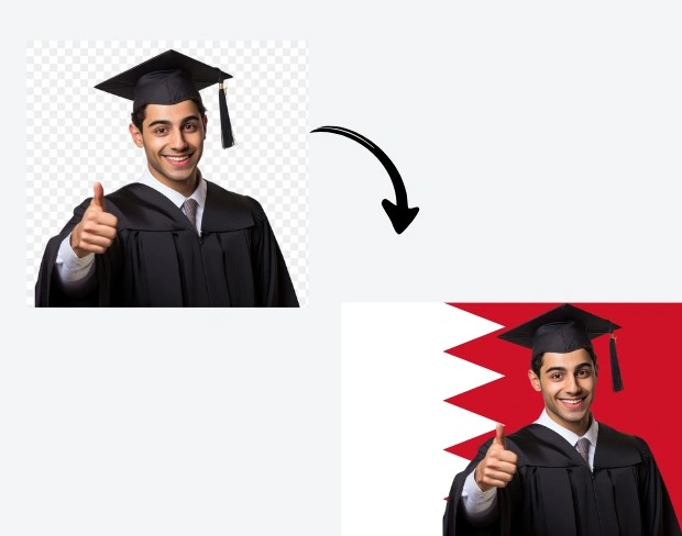AI video editor showing woman with ready-to-use bahrain flag background adding templates for office, classroom, and home—no green screen needed.