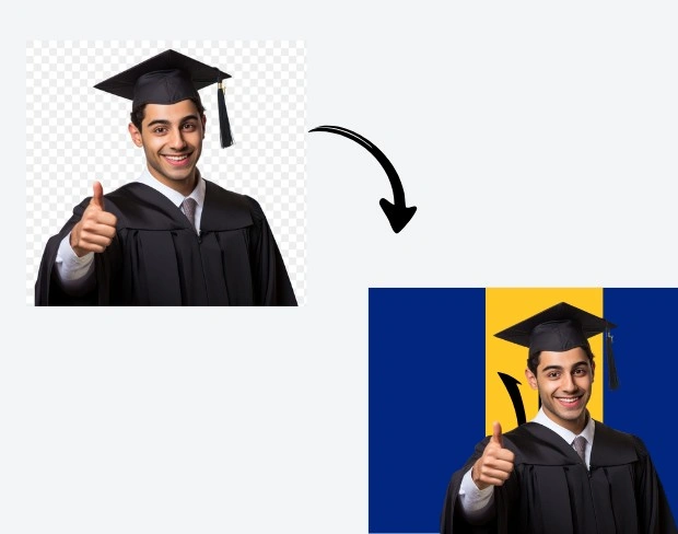 AI video editor showing woman with ready-to-use barbados flag background adding templates for office, classroom, and home—no green screen needed.