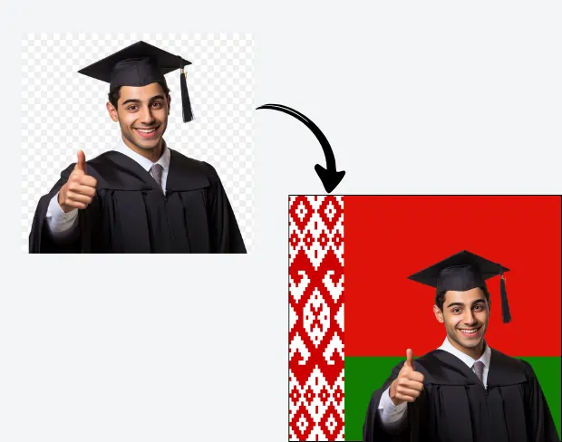 AI video editor showing woman with ready-to-use belarus flag background adding templates for office, classroom, and home—no green screen needed.